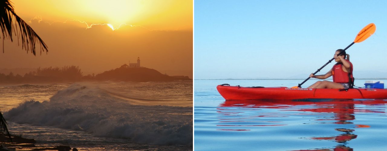 Sunset behind the Arecibo lighthouse and a kayak on glassy water, Puerto Rico