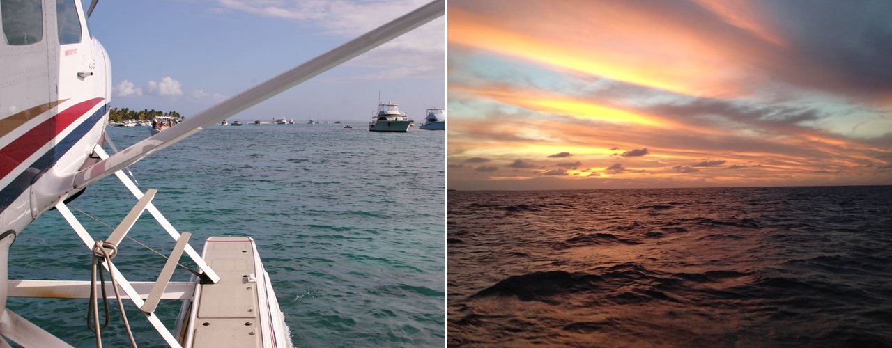 The view from a seaplane float over turquoise water, and sunset over the Caribbean Sea