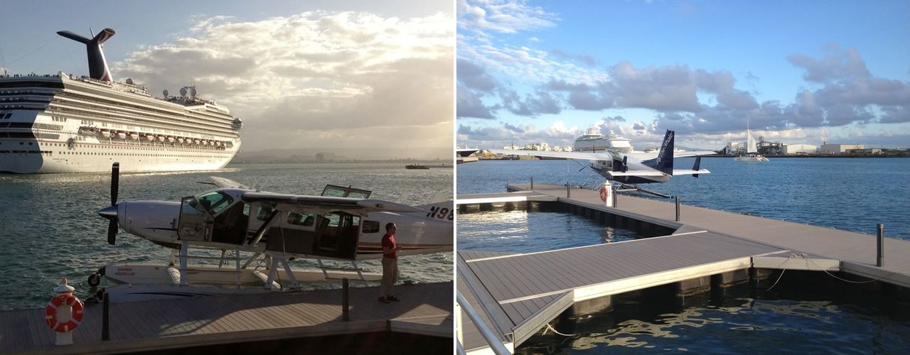 A seaplane docked beside a cruise ship and the seaplane pier in San Juan Bay, Puerto Rico